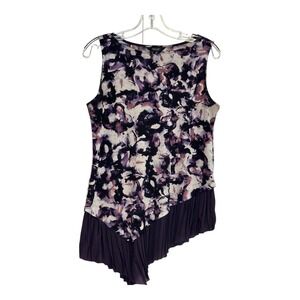 Simply Vera Vera Wang Floral Tank Top Pleated Asymmetrical Hem Purple Black SZ S